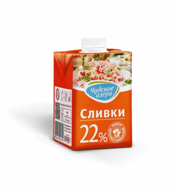 Сливки ЧУДСКОЕ ОЗЕРО 500 мл 22 % ультрапастеризованные *12