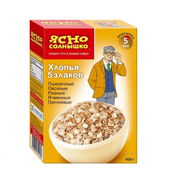 Хлопья ЯСНО СОЛНЫШКО 400 г 5 злаков смесь (пшеничные, овсяные, ржаные, ячменные, гречневые) *9