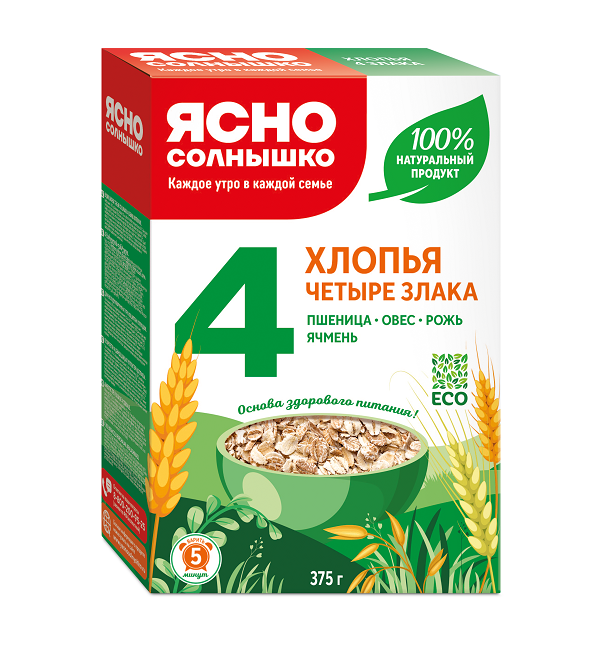 Хлопья ЯСНО СОЛНЫШКО 375 г 4 злака смесь (пшеничные, овсяные, ржаные, ячменные) *9