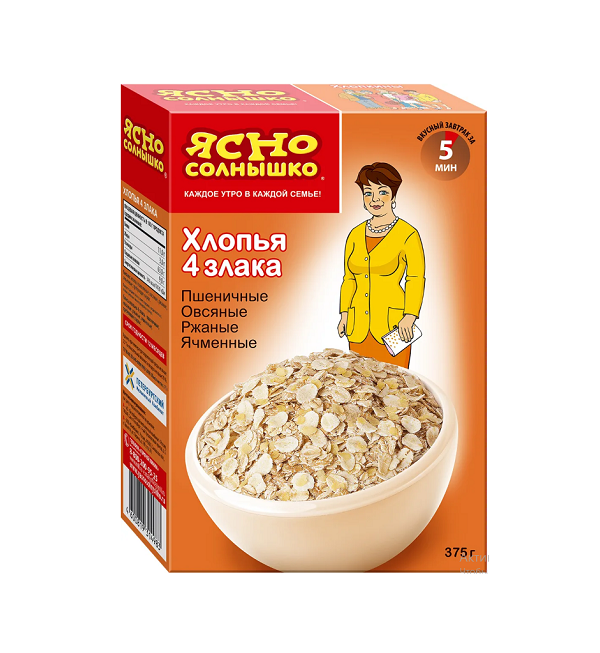 Хлопья ЯСНО СОЛНЫШКО 375 г 4 злака смесь (пшеничные, овсяные, ржаные, ячменные) *9