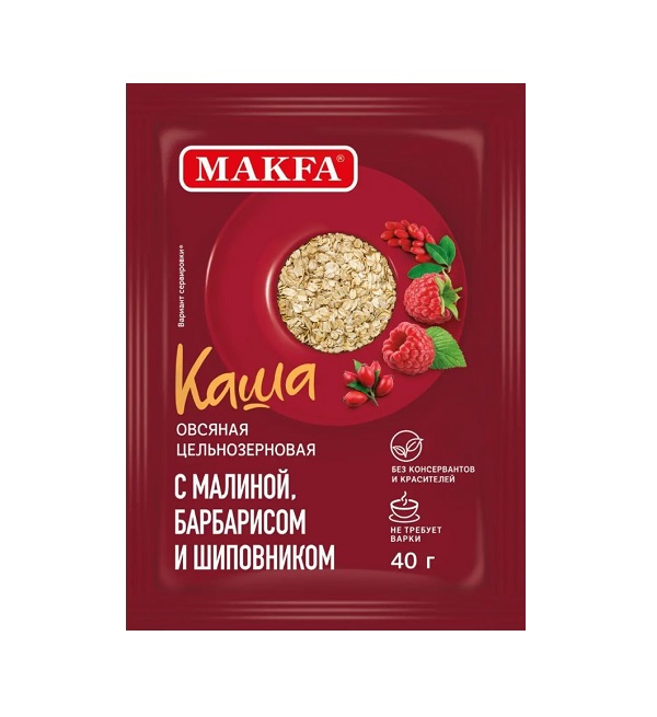 Каша овсяная цельнозерновая МАКФА 40 г на фруктозе с малиной, барбарисом, шиповником *25