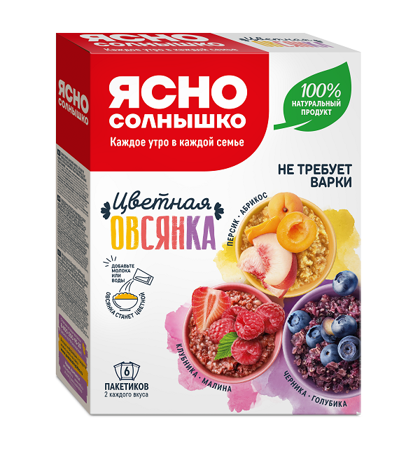 КАША быстрого приготовления ЯСНО СОЛНЫШКО 240 г Цветная овсянка (6 пак: клубника-малина, персик-абрикос, черника-голубика) *6