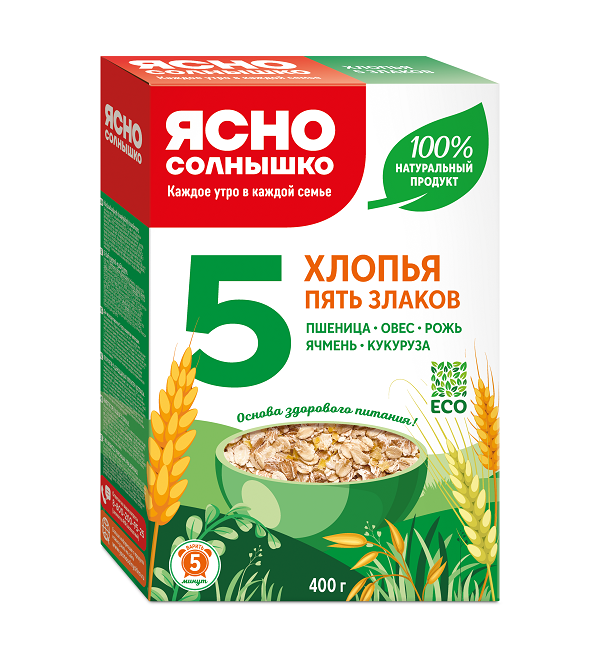 Хлопья ЯСНО СОЛНЫШКО 400 г 5 злаков смесь (пшеничные, овсяные, ржаные, ячменные, гречневые) *9